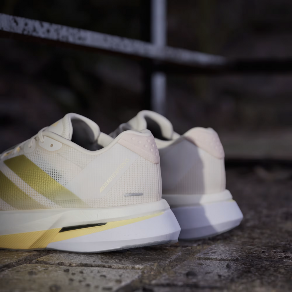 JS4952 adidas  Adizero Boston 13 Chalk White Gold Metallic Orange Tint (Women's)
