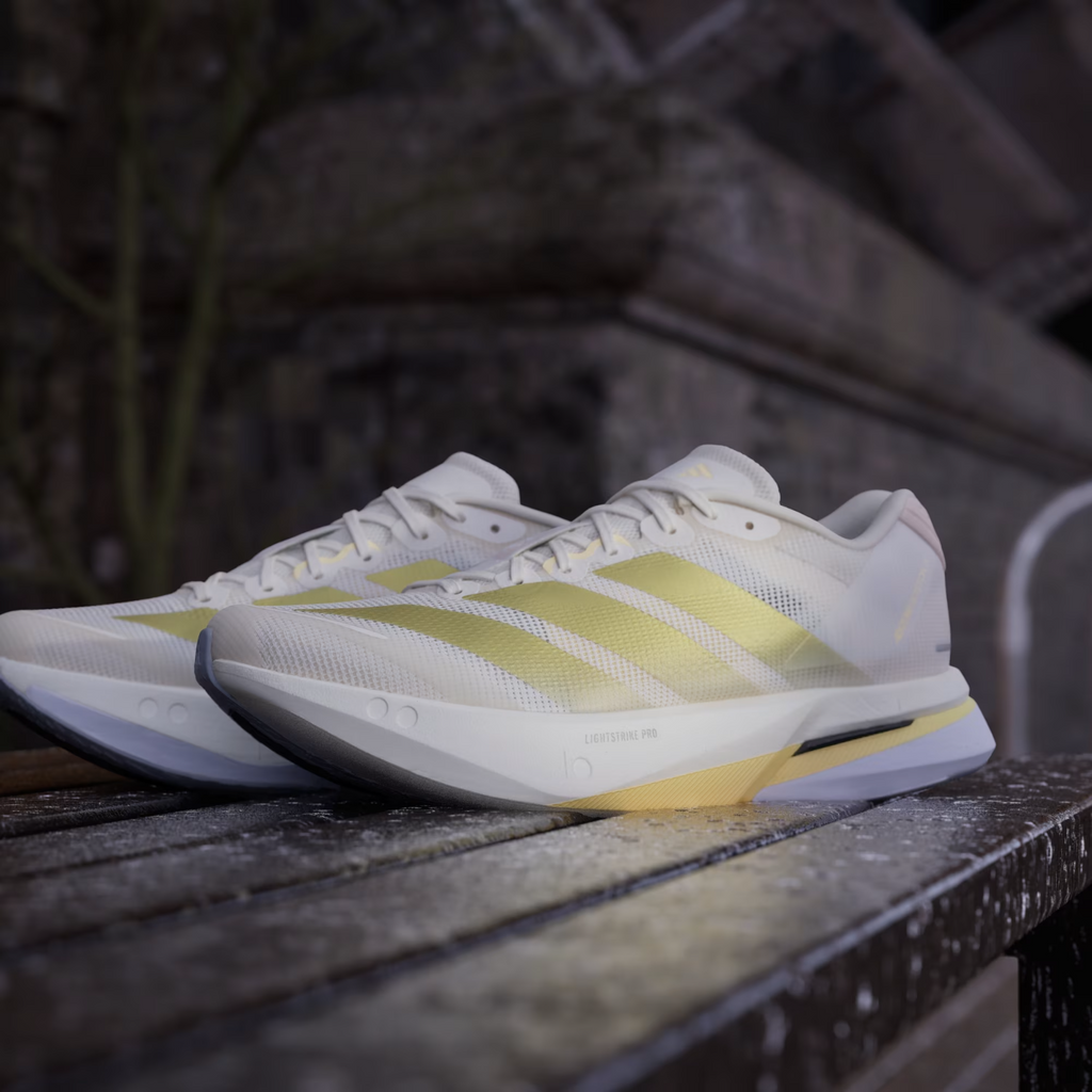 JS4952 adidas  Adizero Boston 13 Chalk White Gold Metallic Orange Tint (Women's)